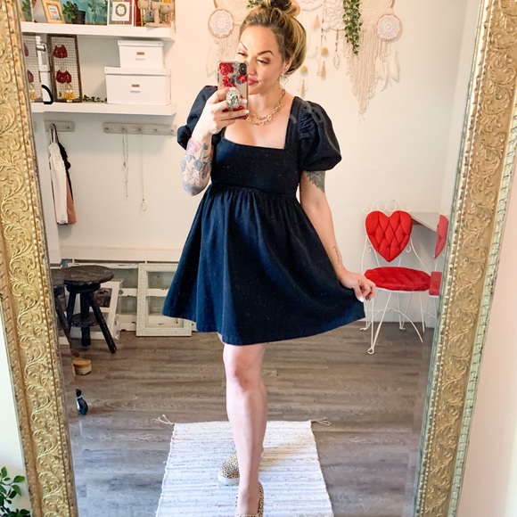 BLACK Denim Puff Sleeve Babydoll Dress - Picture 3 of 4